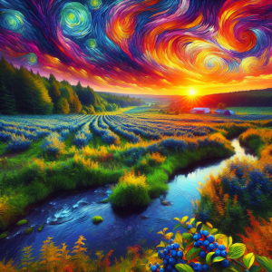 A Beautiful Blue Berry Field and Farm At Sunset In The Valley Near A Stream