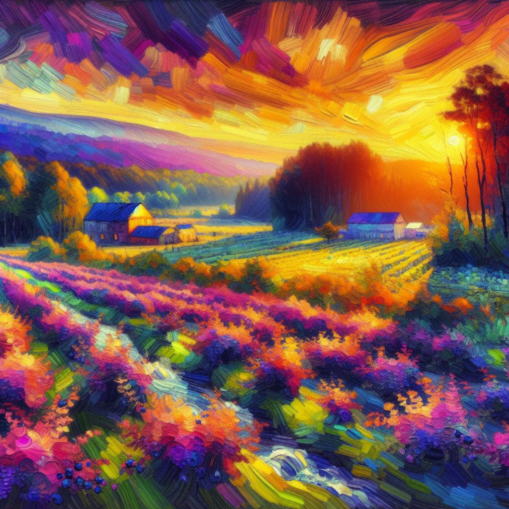 A Beautiful Blue Berry Field and Farm At Sunset In The Valley Near A Stream A Beautiful Blue Berry Field and Farm At Sunset In The Valley Near A Stream