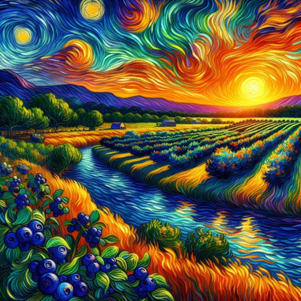 A Beautiful Blue Berry Field and Farm At Sunset In The Valley Near A Stream A Beautiful Blue Berry Field and Farm At Sunset In The Valley Near A Stream