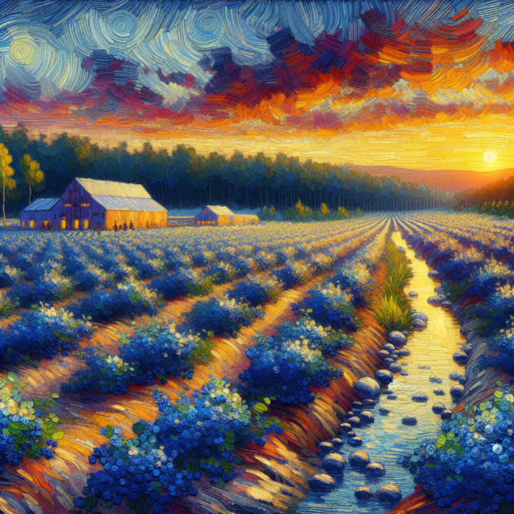 A Beautiful Blue Berry Field and Farm At Sunset In The Valley Near A Stream A Beautiful Blue Berry Field and Farm At Sunset In The Valley Near A Stream