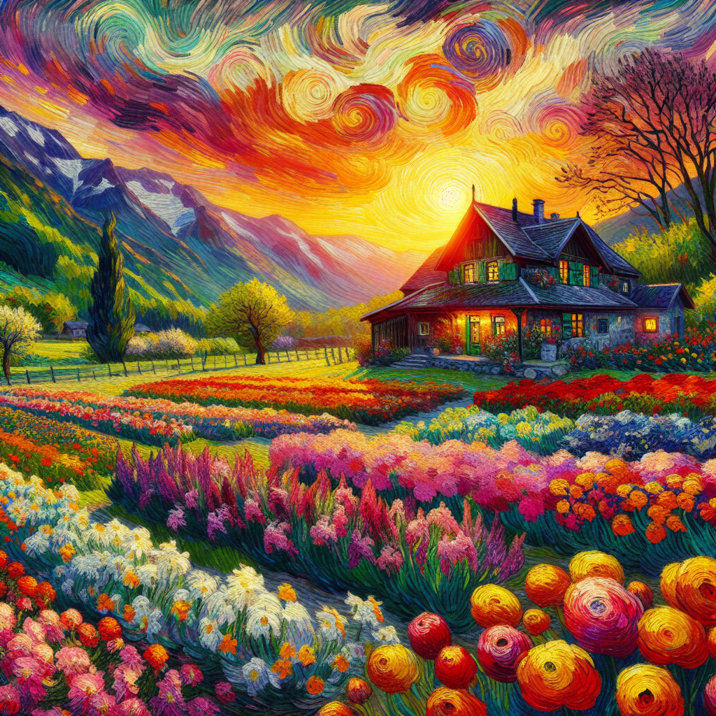 A Beautiful House Landscaped With Nice Spring Flowers At Sunset In The Valley A Beautiful House Landscaped With Nice Spring Flowers At Sunset In The Valley