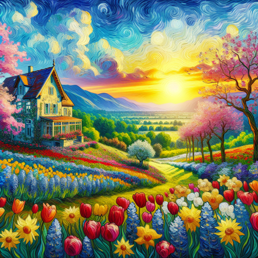 A Beautiful House Landscaped With Nice Spring Flowers At Sunset In The Valley A Beautiful House Landscaped With Nice Spring Flowers At Sunset In The Valley