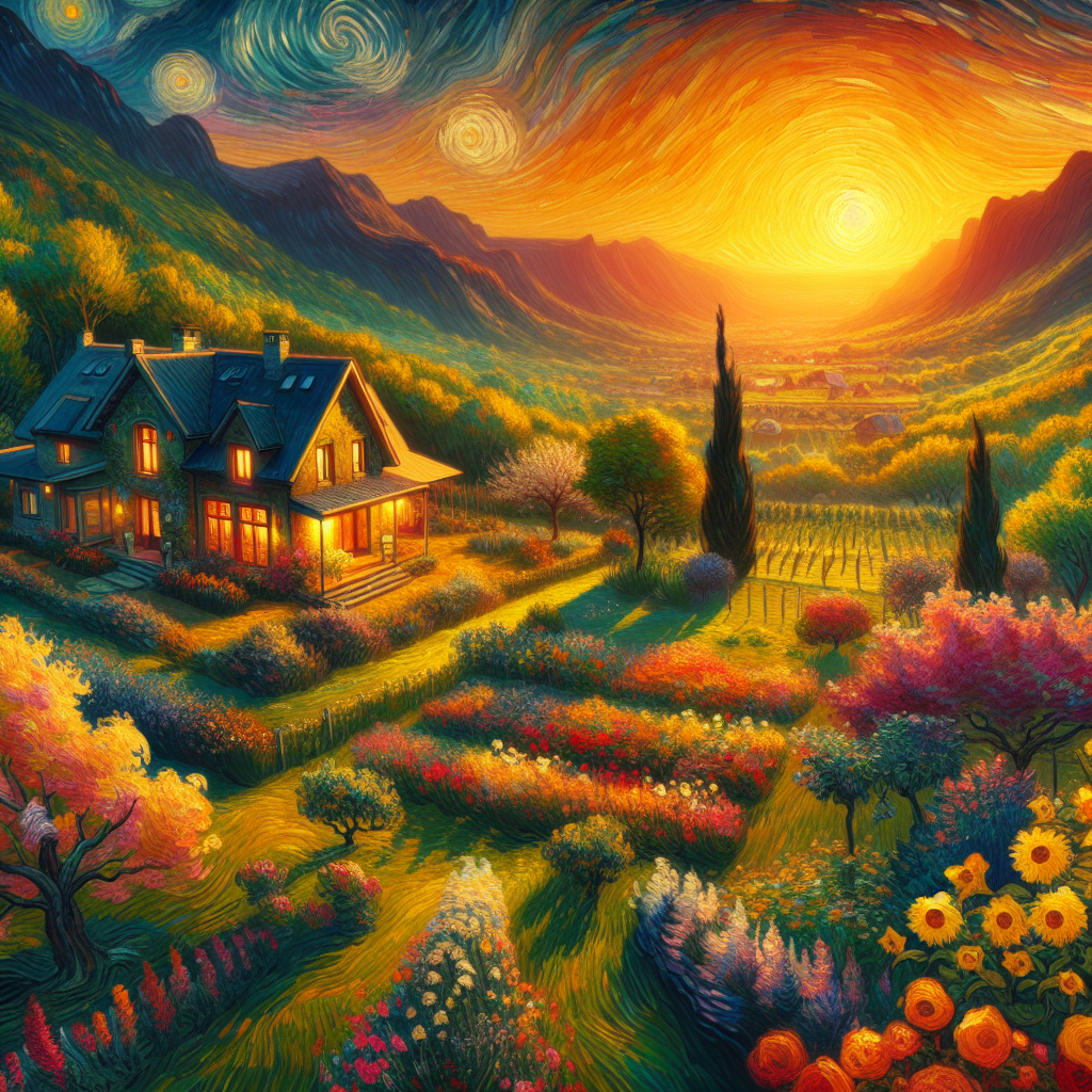 A Beautiful House Landscaped With Nice Spring Flowers At Sunset In The Valley