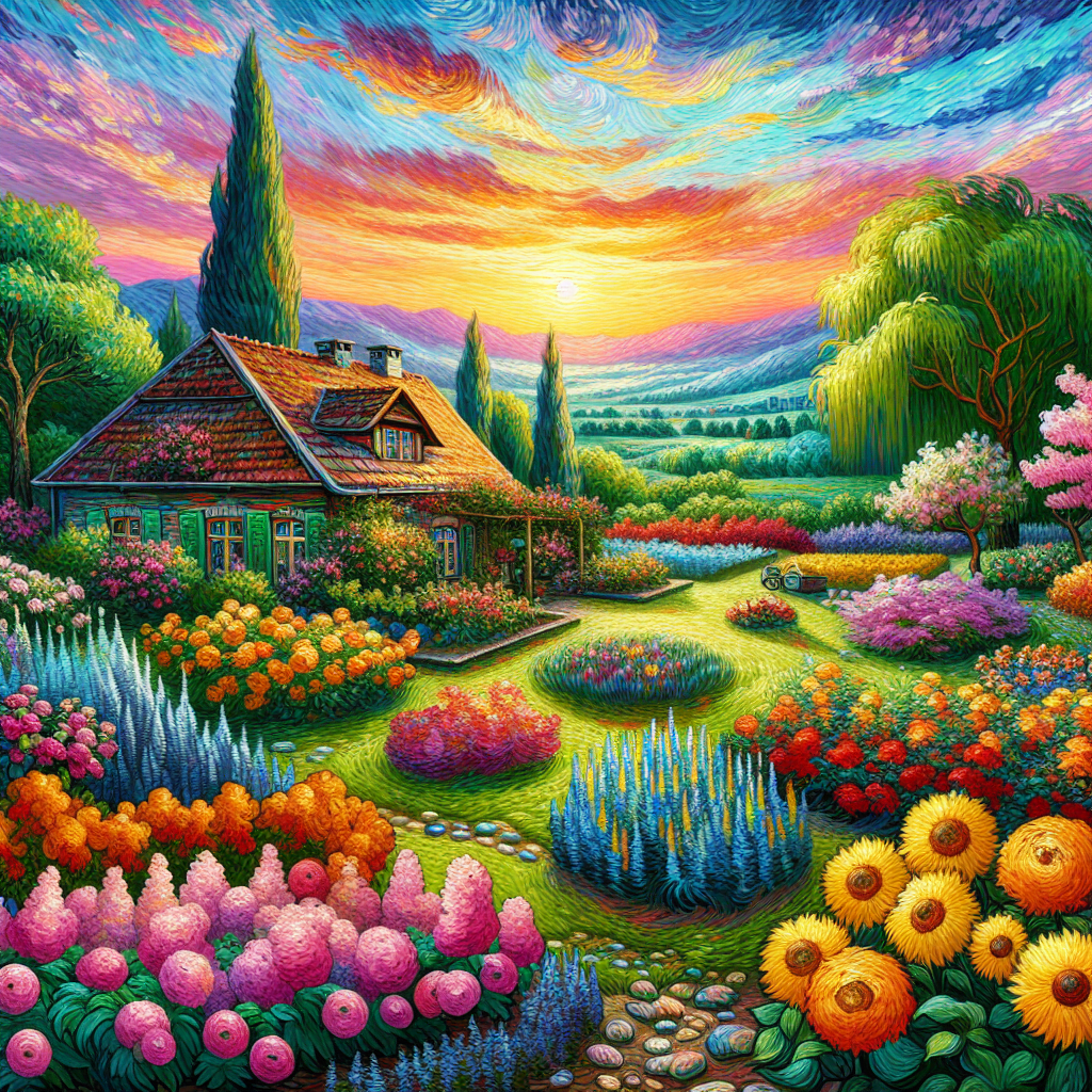 A Beautiful House Landscaped With Nice Spring Flowers At Sunset In The Valley A Beautiful House Landscaped With Nice Spring Flowers At Sunset In The Valley