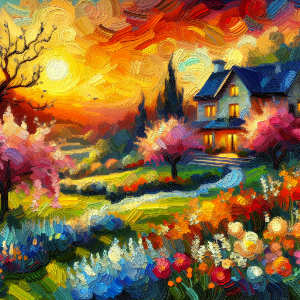 A Beautiful House Landscaped With Nice Spring Flowers At Sunset In The Valley
