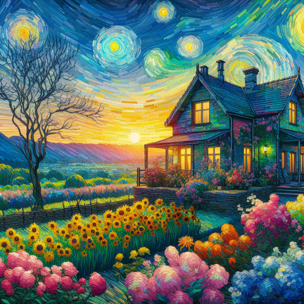 A Beautiful House Landscaped With Nice Spring Flowers At Sunset In The Valley A Beautiful House Landscaped With Nice Spring Flowers At Sunset In The Valley