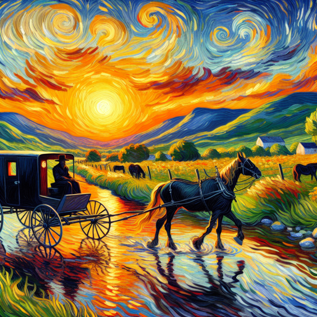 A Black Amish Buggy and Horse Moves Along a Stream In The Valley At Sunset A Black Amish Buggy and Horse Moves Along a Stream In The Valley At Sunset