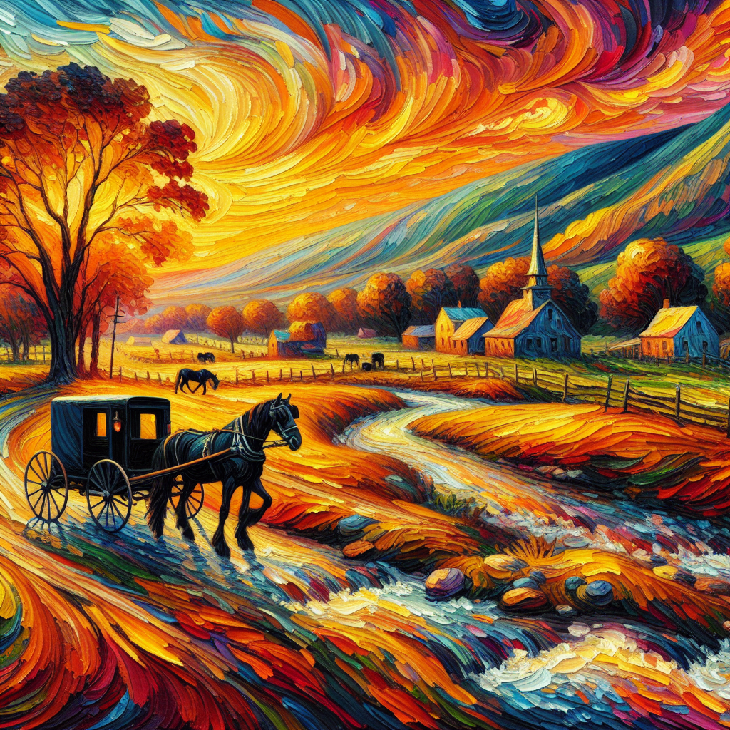 A Black Amish Buggy and Horse Moves Along a Stream In The Valley At Sunset