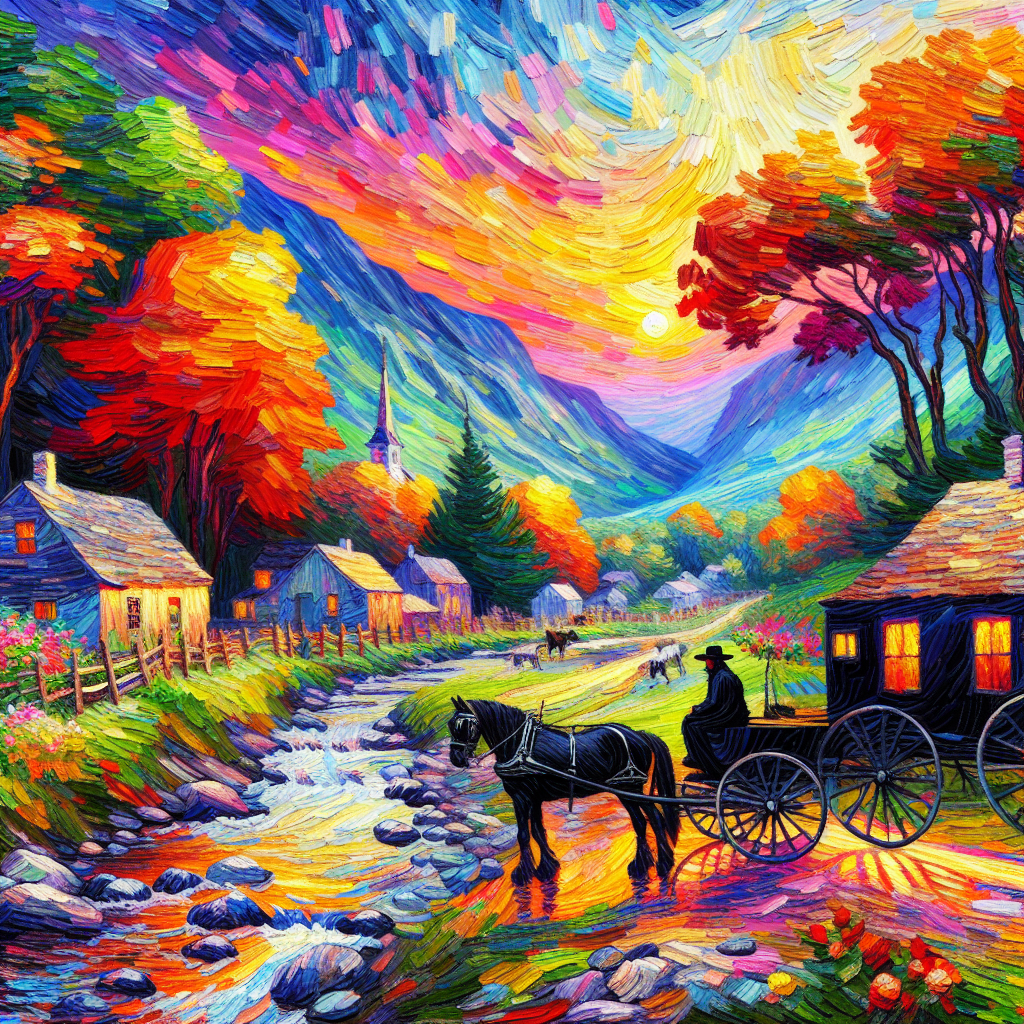 A Black Amish Buggy and Horse Moves Along a Stream In The Valley At Sunset A Black Amish Buggy and Horse Moves Along a Stream In The Valley At Sunset