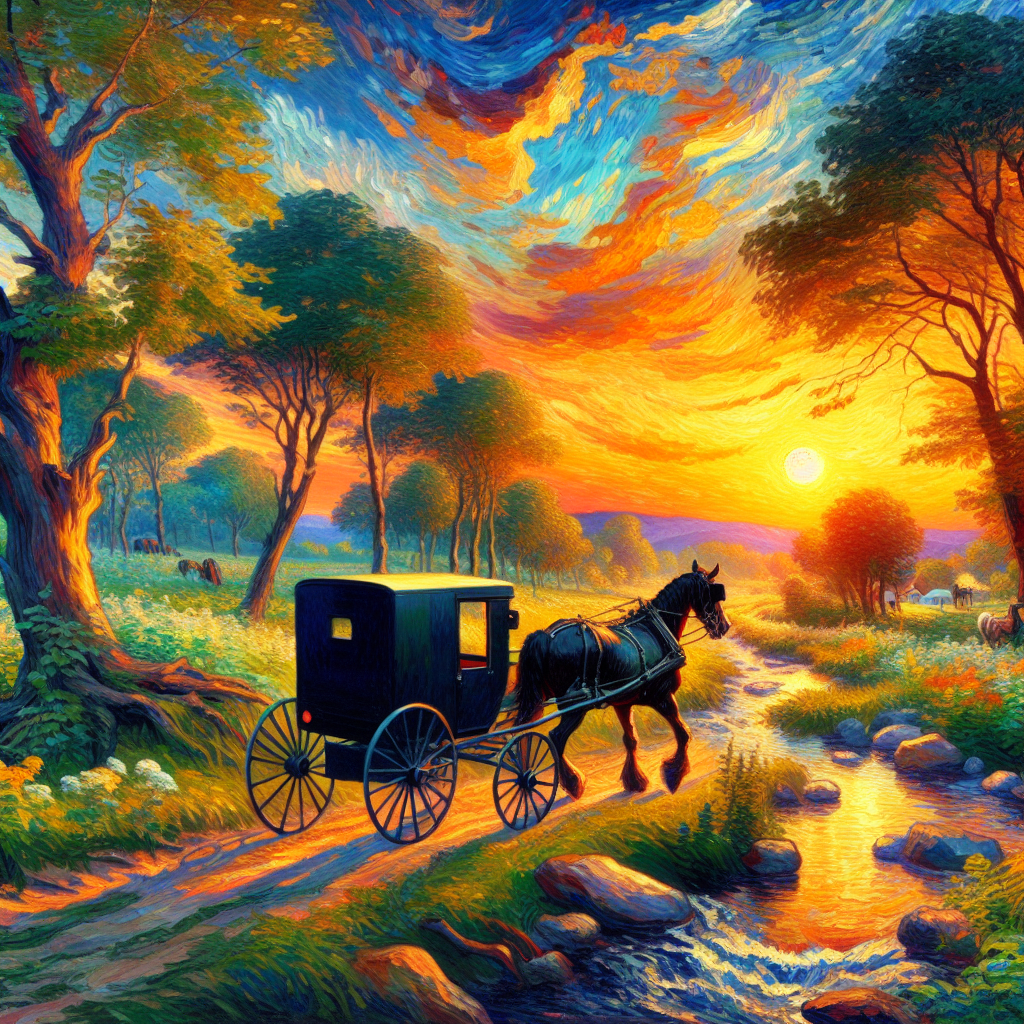 A Black Amish Buggy and Horse Moves Along a Stream In The Valley At Sunset A Black Amish Buggy and Horse Moves Along a Stream In The Valley At Sunset