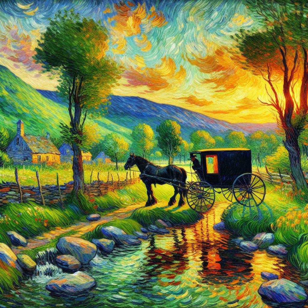 A Black Amish Buggy and Horse Moves Along a Stream In The Valley At Sunset