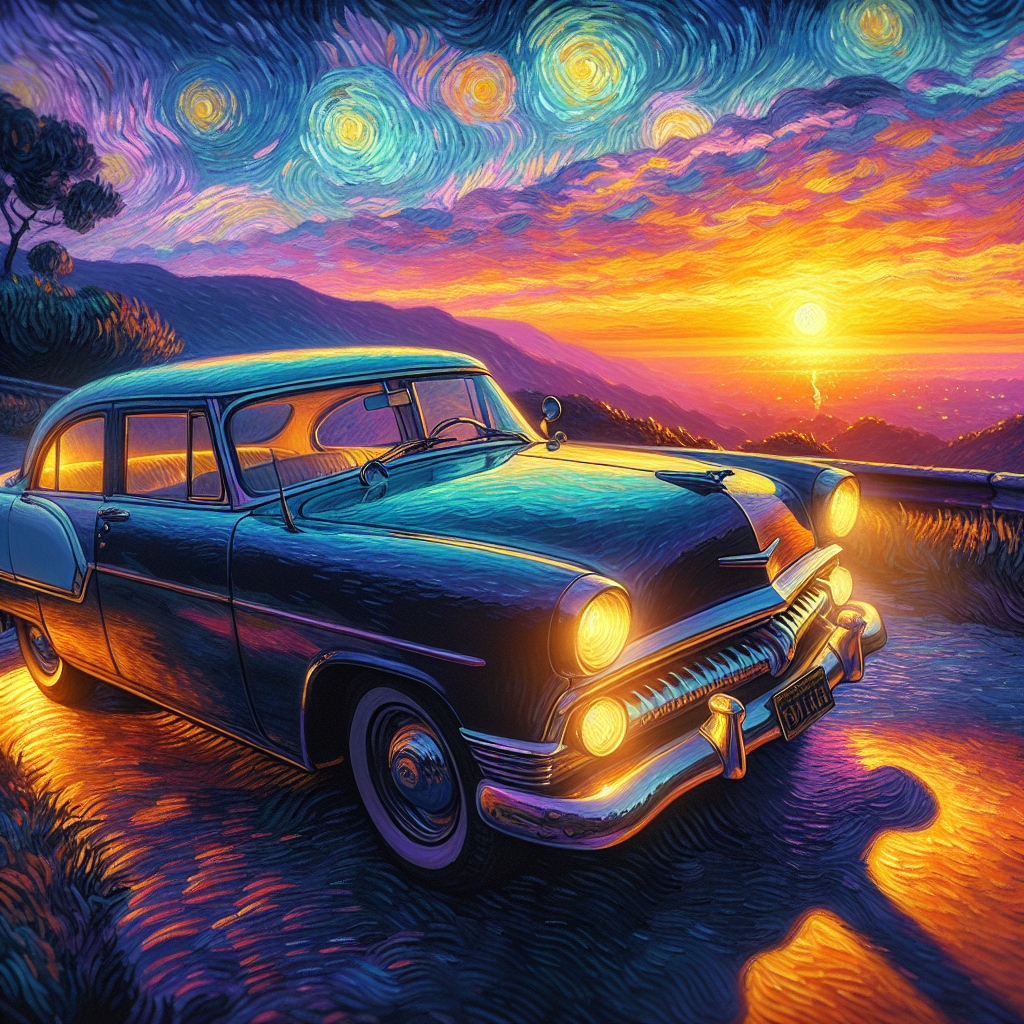 A Car With Tinted Windows Parked On An Overlook At Sunset