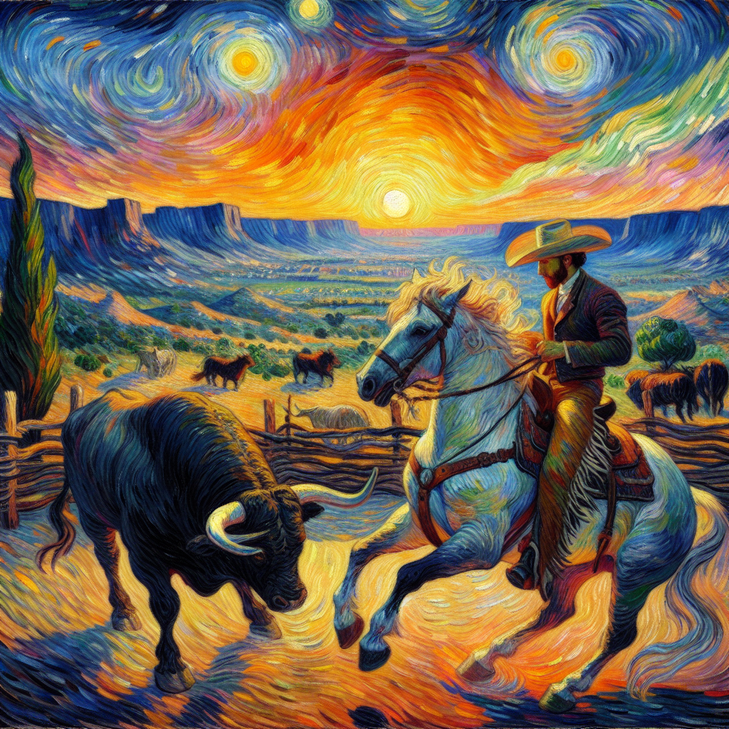A Cowboy Rides A Horse In A Pen With A Bull At Sunset In The Valley