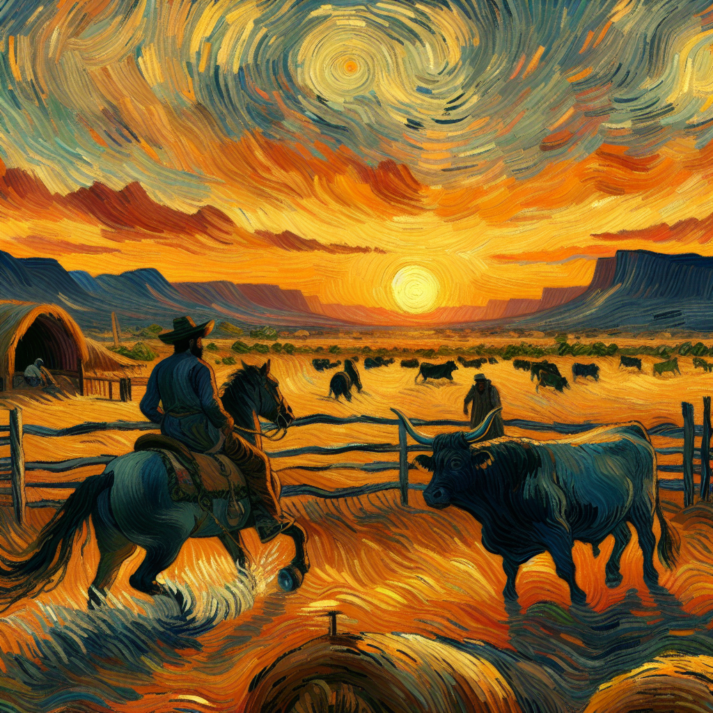 A Cowboy Rides A Horse In A Pen With A Bull At Sunset In The Valley A Cowboy Rides A Horse In A Pen With A Bull At Sunset In The Valley