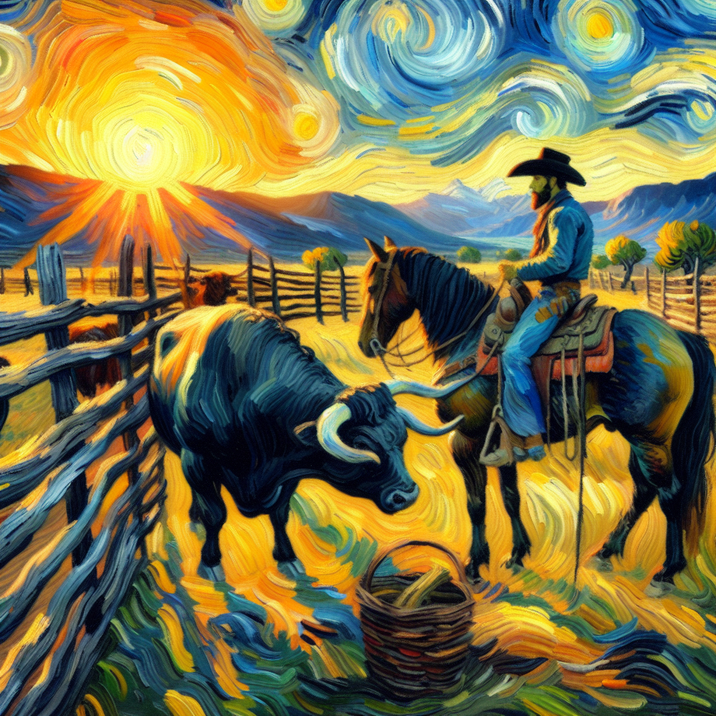 A Cowboy Rides A Horse In A Pen With A Bull At Sunset In The Valley A Cowboy Rides A Horse In A Pen With A Bull At Sunset In The Valley