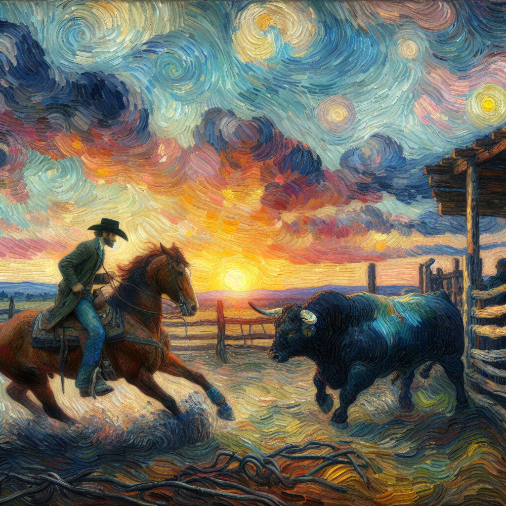 A Cowboy Rides A Horse In A Pen With A Bull At Sunset In The Valley A Cowboy Rides A Horse In A Pen With A Bull At Sunset In The Valley