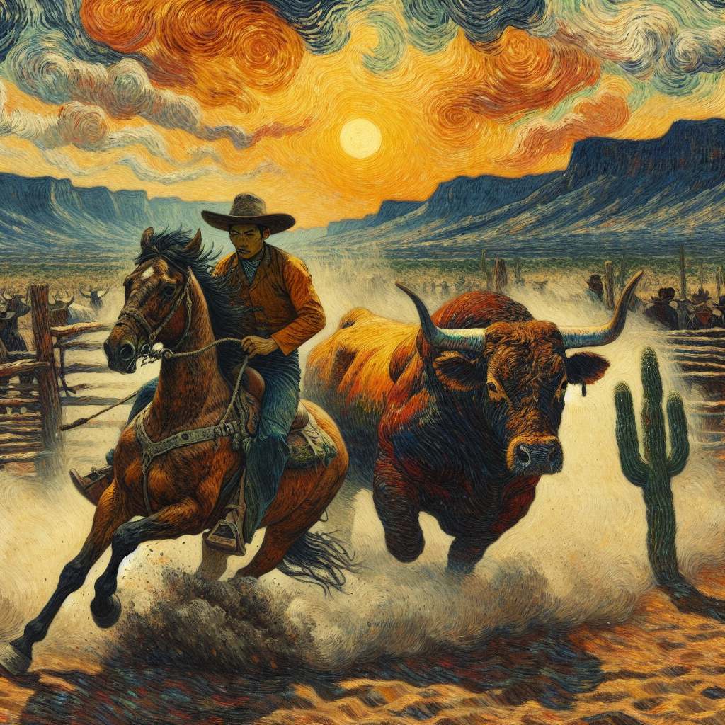 A Cowboy Rides A Horse In A Pen With A Bull At Sunset In The Valley A Cowboy Rides A Horse In A Pen With A Bull At Sunset In The Valley
