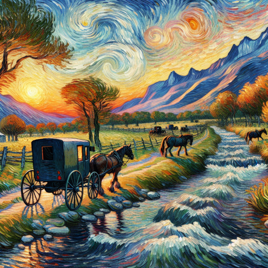 An Amish Buggy and Horse Moves Along a Stream In The Valley At Sunset An Amish Buggy and Horse Moves Along a Stream In The Valley At Sunset