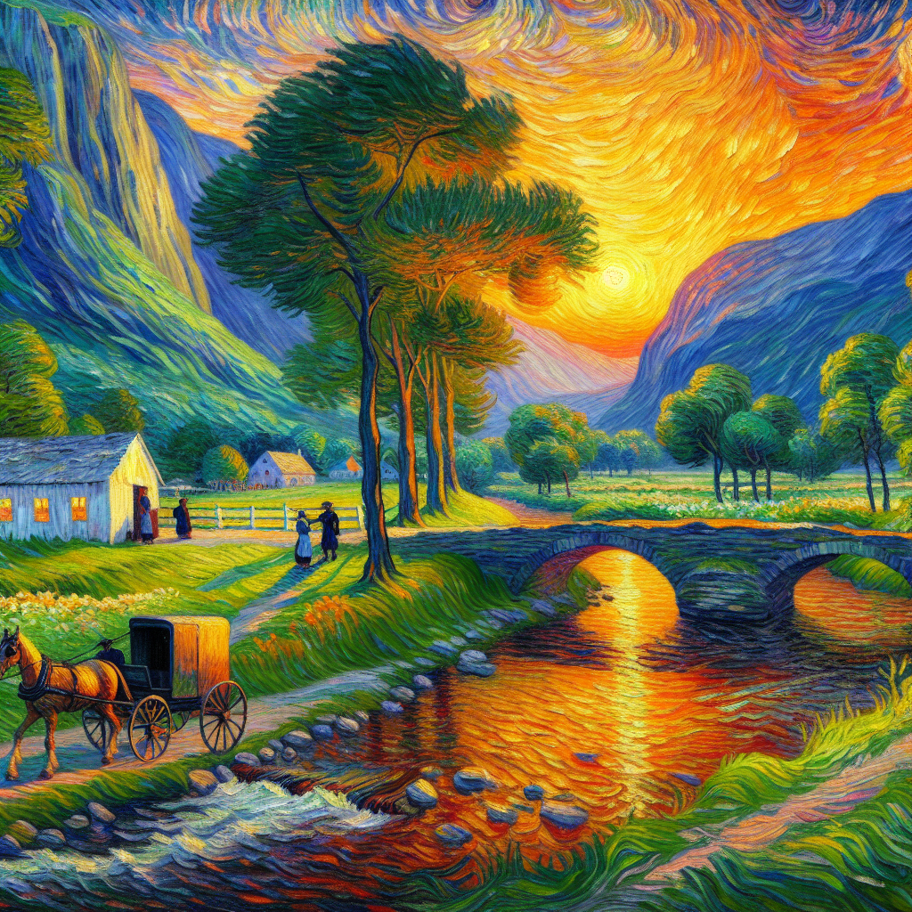 An Amish Buggy and Horse Moves Along a Stream In The Valley At Sunset An Amish Buggy and Horse Moves Along a Stream In The Valley At Sunset