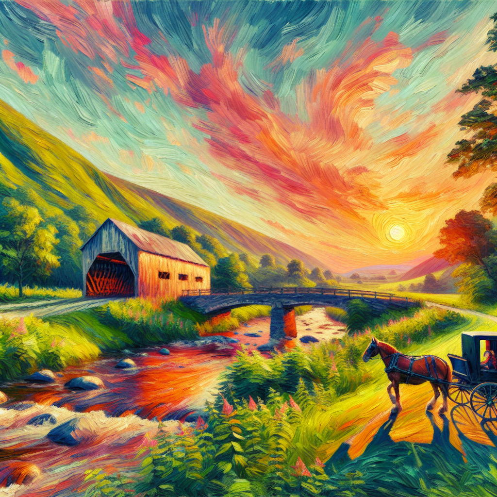 An Amish Buggy and Horse Moves Along a Stream In The Valley At Sunset An Amish Buggy and Horse Moves Along a Stream In The Valley At Sunset
