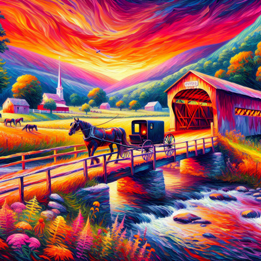 An Amish Buggy and Horse Moves Along a Stream In The Valley At Sunset An Amish Buggy and Horse Moves Along a Stream In The Valley At Sunset