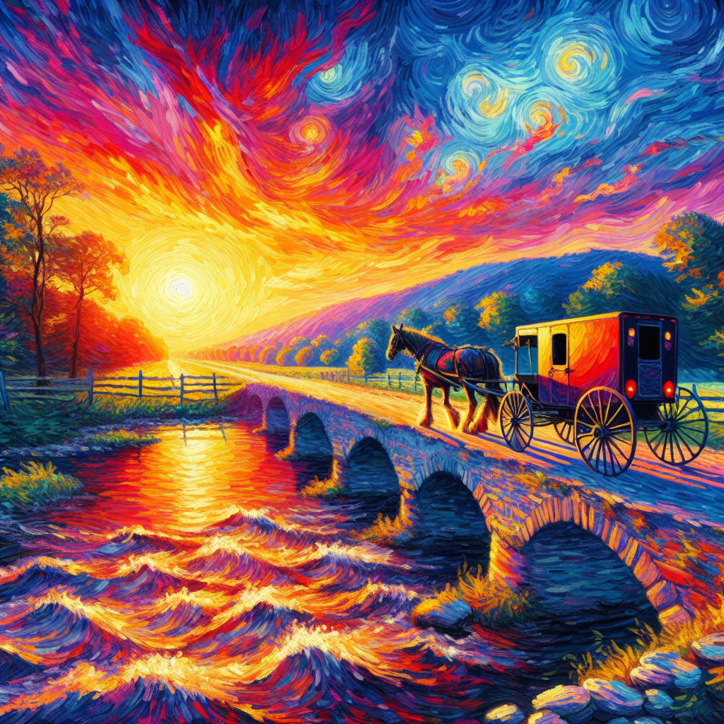 An Amish Buggy and Horse Moves Along a Stream In The Valley At Sunset An Amish Buggy and Horse Moves Along a Stream In The Valley At Sunset