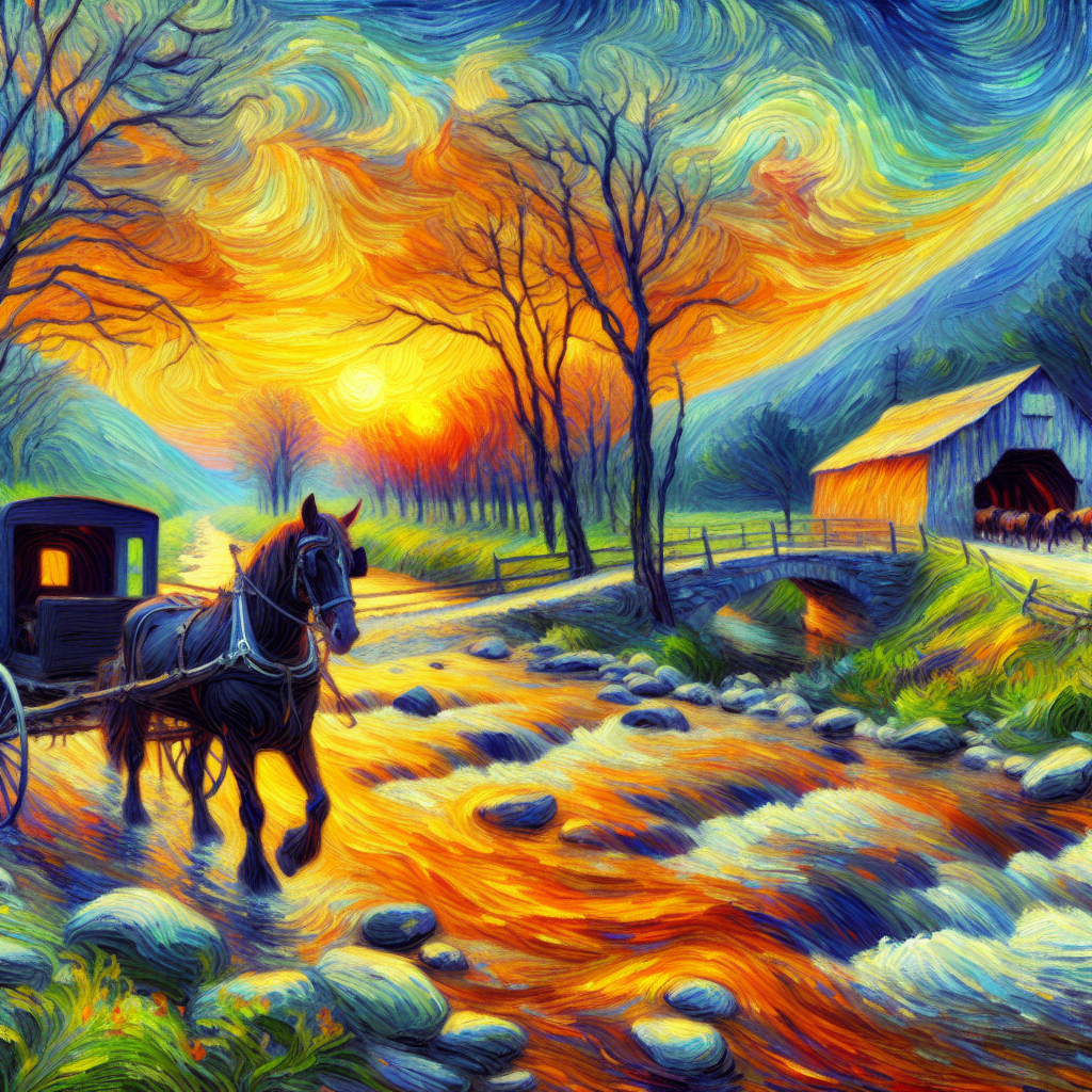 An Amish Buggy and Horse Moves Along a Stream In The Valley At Sunset An Amish Buggy and Horse Moves Along a Stream In The Valley At Sunset