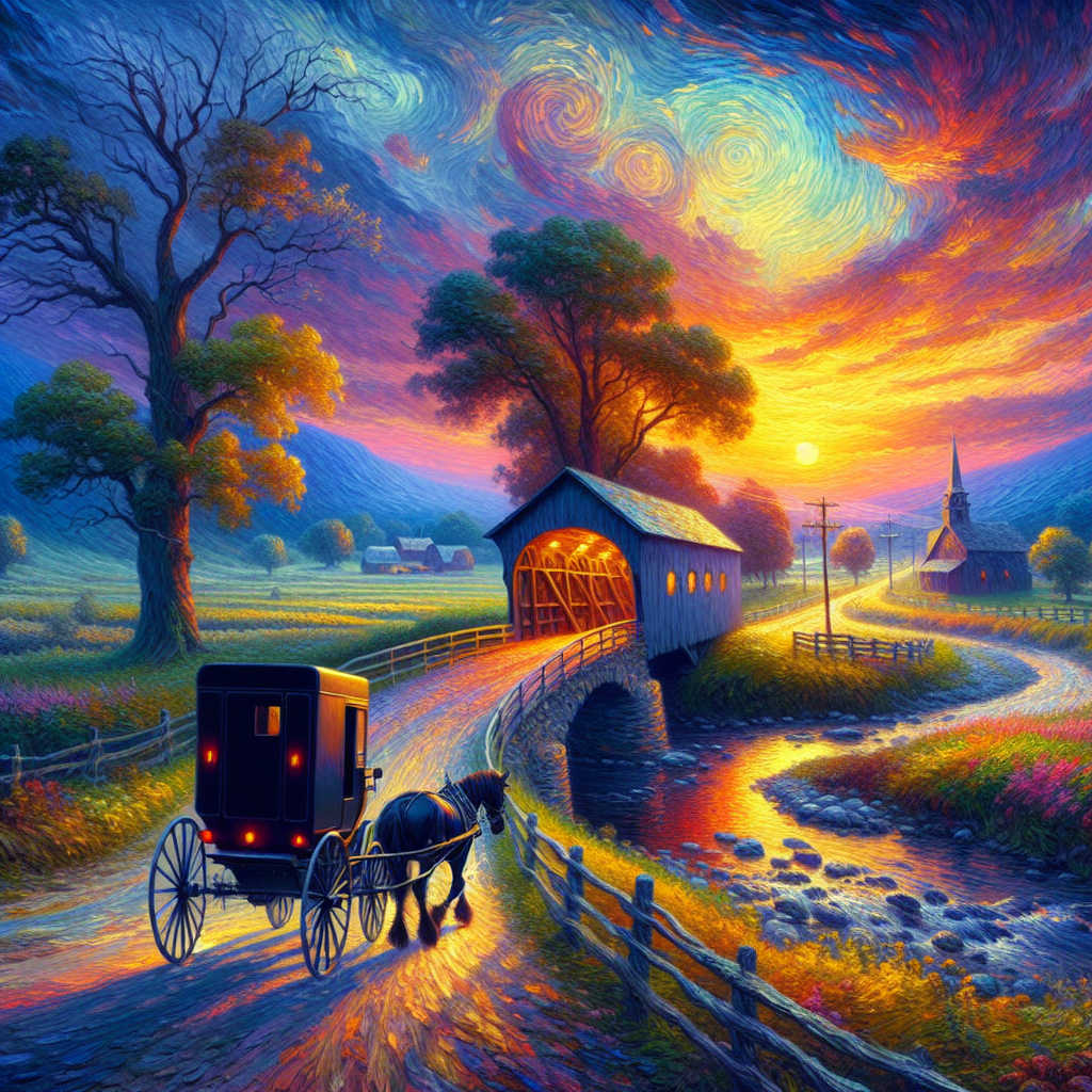An Amish Horse And Buggy Moves Towards a Covered Bridge across a Stream In The Valley At Sunset