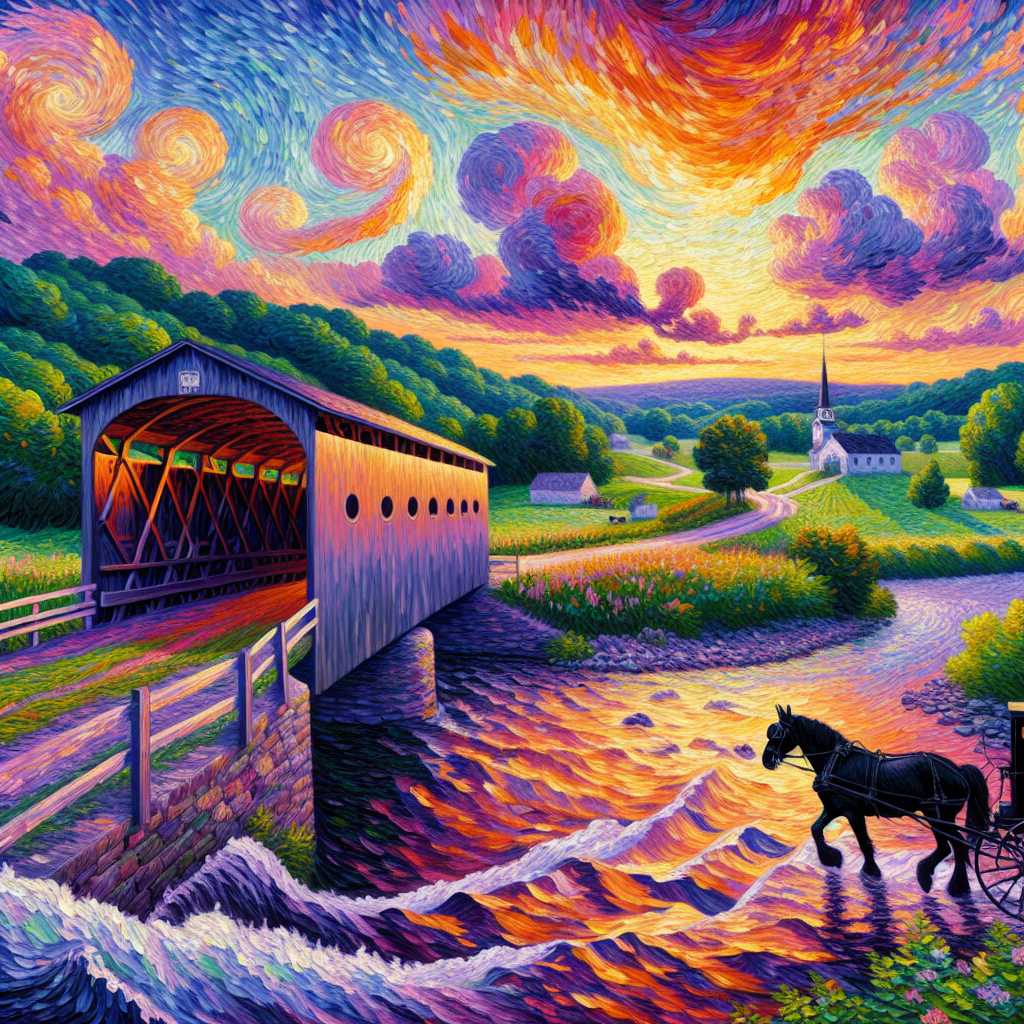 An Amish Horse And Buggy Moves Towards a Covered Bridge across a Stream In The Valley At Sunset An Amish Horse And Buggy Moves Towards a Covered Bridge across a Stream In The Valley At Sunset