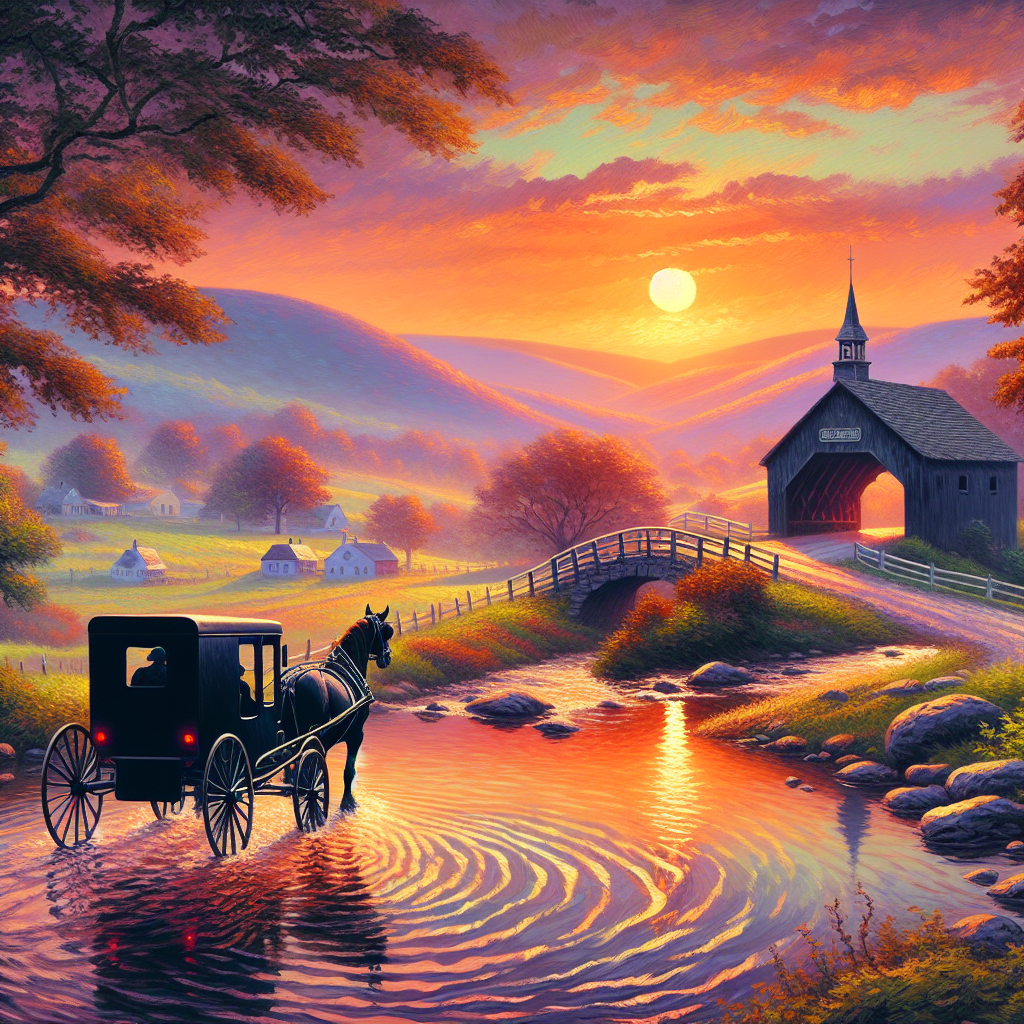 An Amish Horse And Buggy Moves Towards a Covered Bridge across a Stream In The Valley At Sunset An Amish Horse And Buggy Moves Towards a Covered Bridge across a Stream In The Valley At Sunset