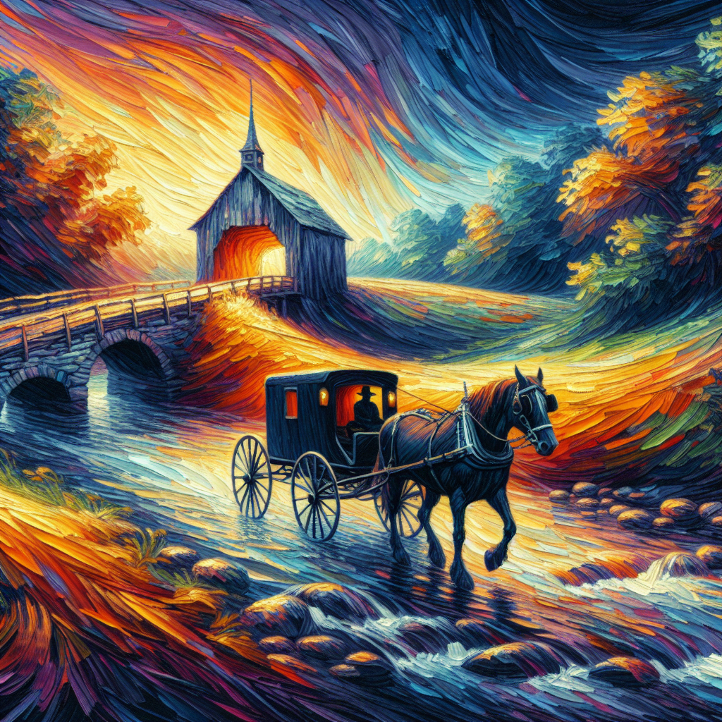 An Amish Horse And Buggy Moves Towards a Covered Bridge across a Stream In The Valley At Sunset
