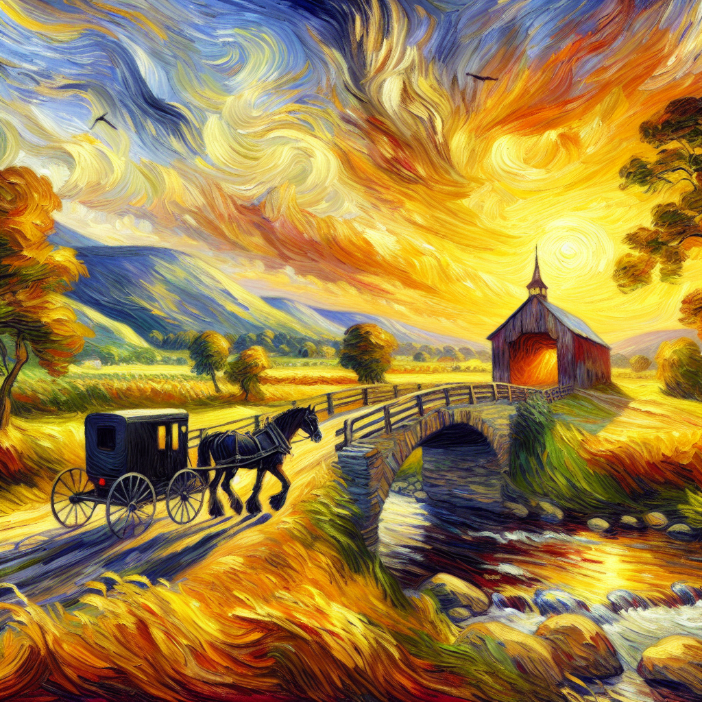 An Amish Horse And Buggy Moves Towards a Covered Bridge across a Stream In The Valley At Sunset