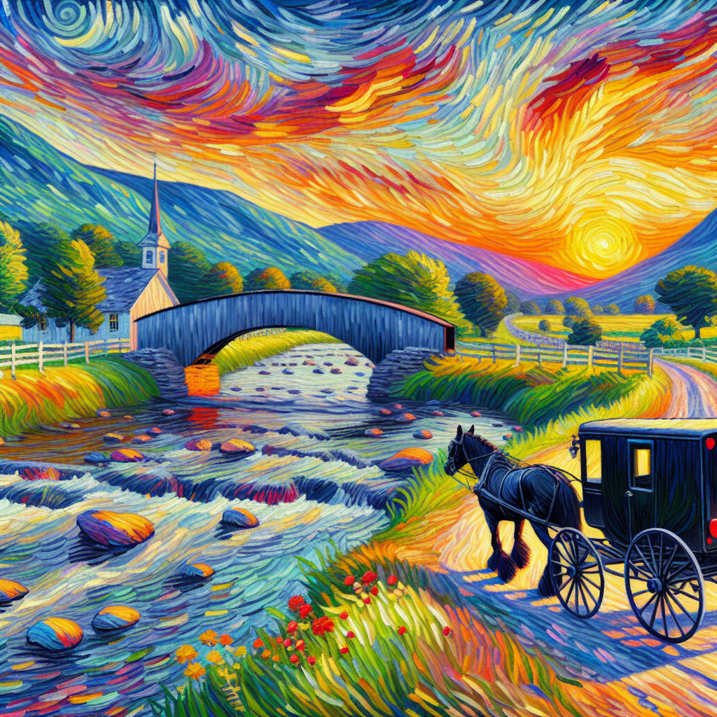 An Amish Horse And Buggy Moves Towards a Covered Bridge across a Stream In The Valley At Sunset An Amish Horse And Buggy Moves Towards a Covered Bridge across a Stream In The Valley At Sunset