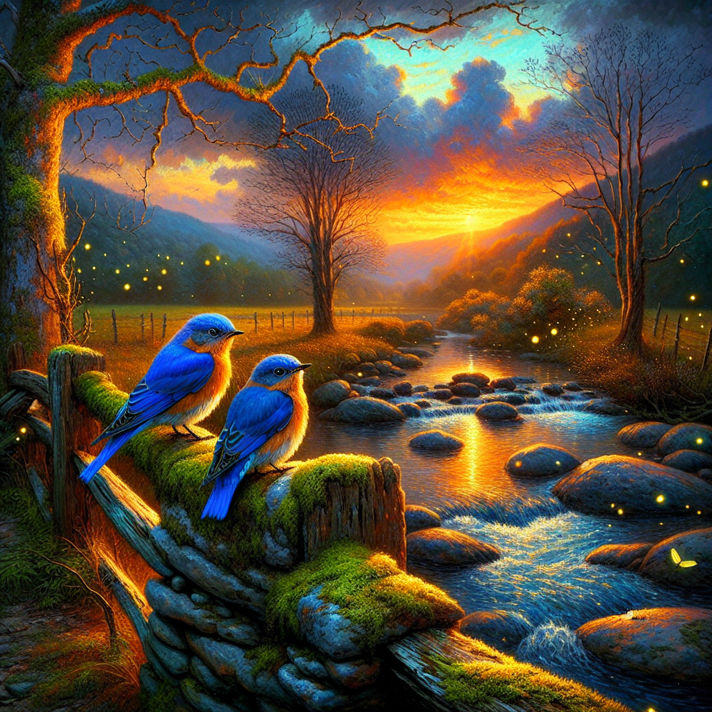 Bluebirds on Mossy Stone Wall at Dusk Bluebirds on Mossy Stone Wall at Dusk