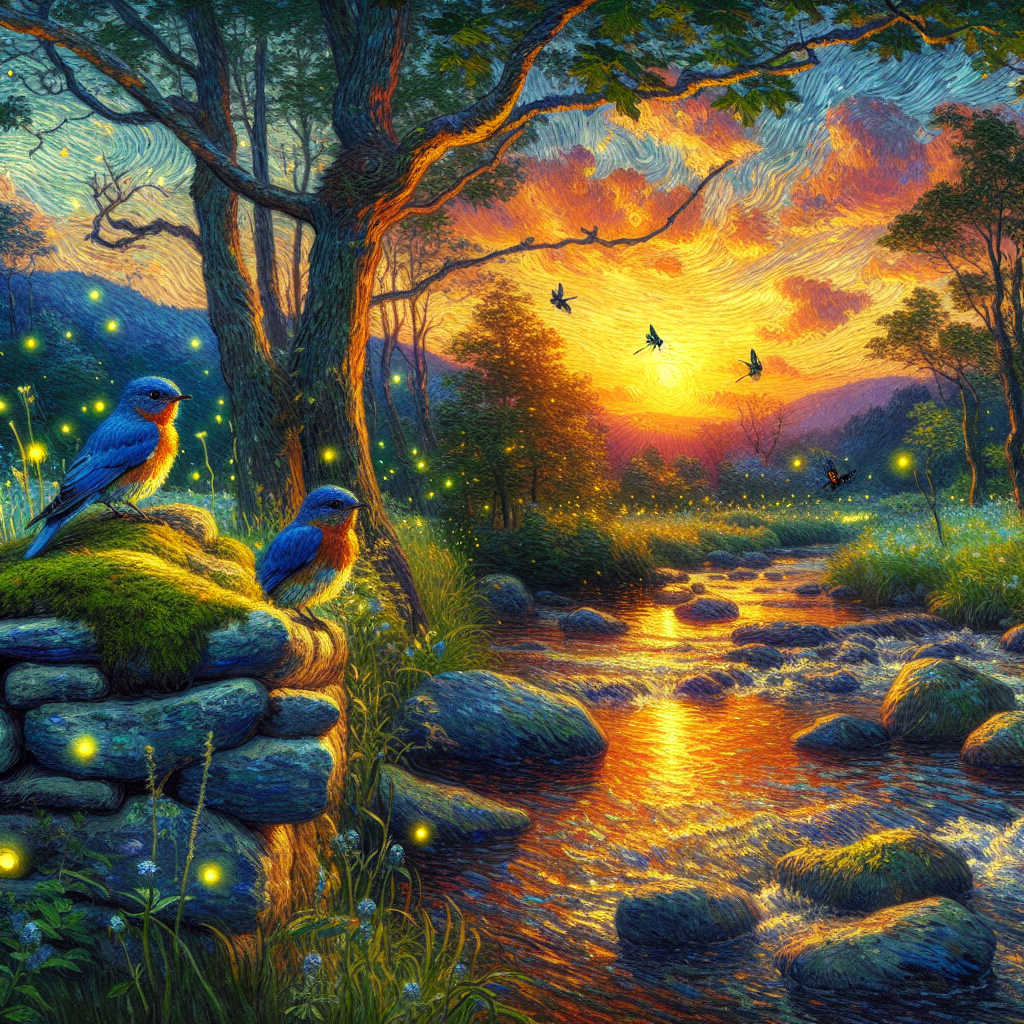 Bluebirds on Mossy Stone Wall at Dusk Bluebirds on Mossy Stone Wall at Dusk