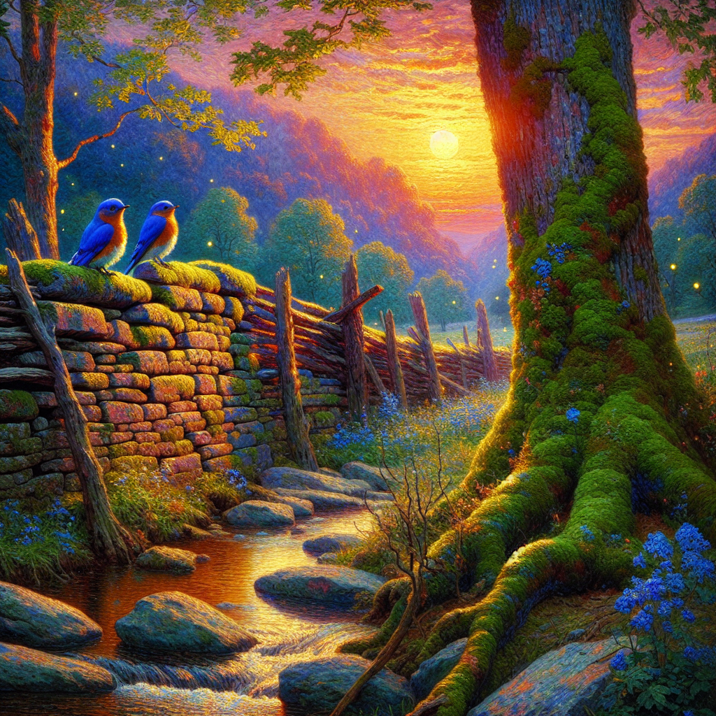Bluebirds on Mossy Stone Wall at Dusk Bluebirds on Mossy Stone Wall at Dusk