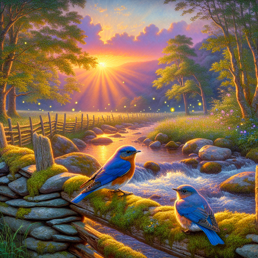 Bluebirds on Mossy Stone Wall at Dusk Bluebirds on Mossy Stone Wall at Dusk