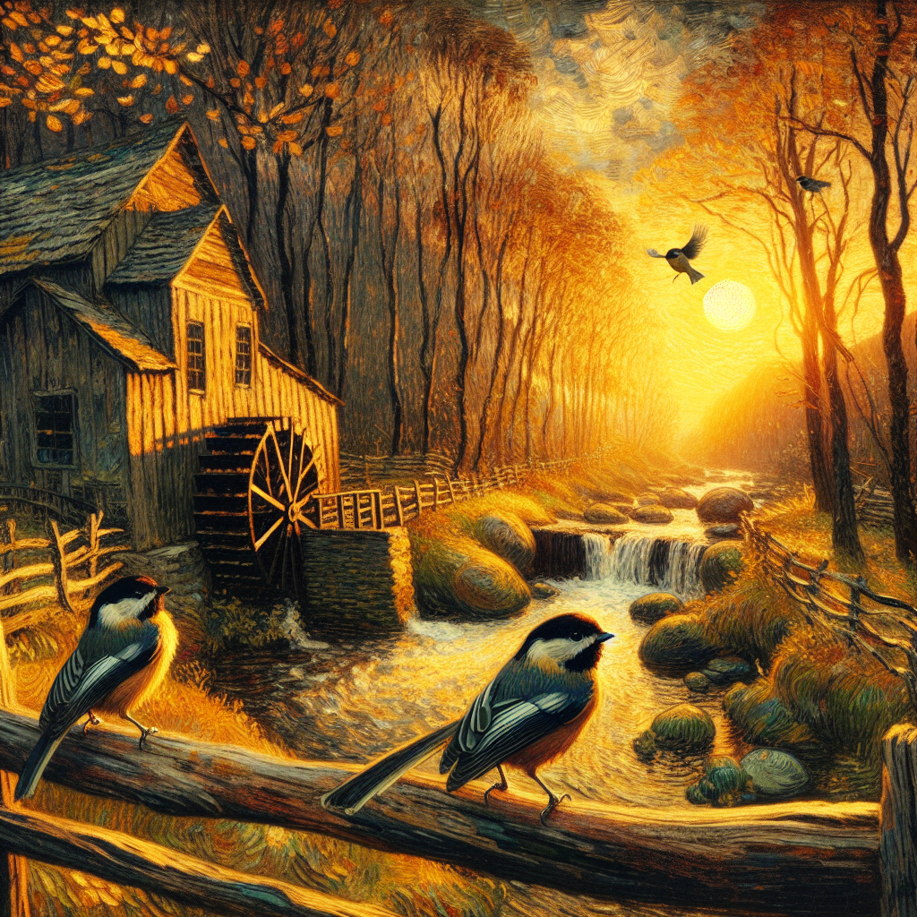 Chickadees on a Fence Near the Watermill