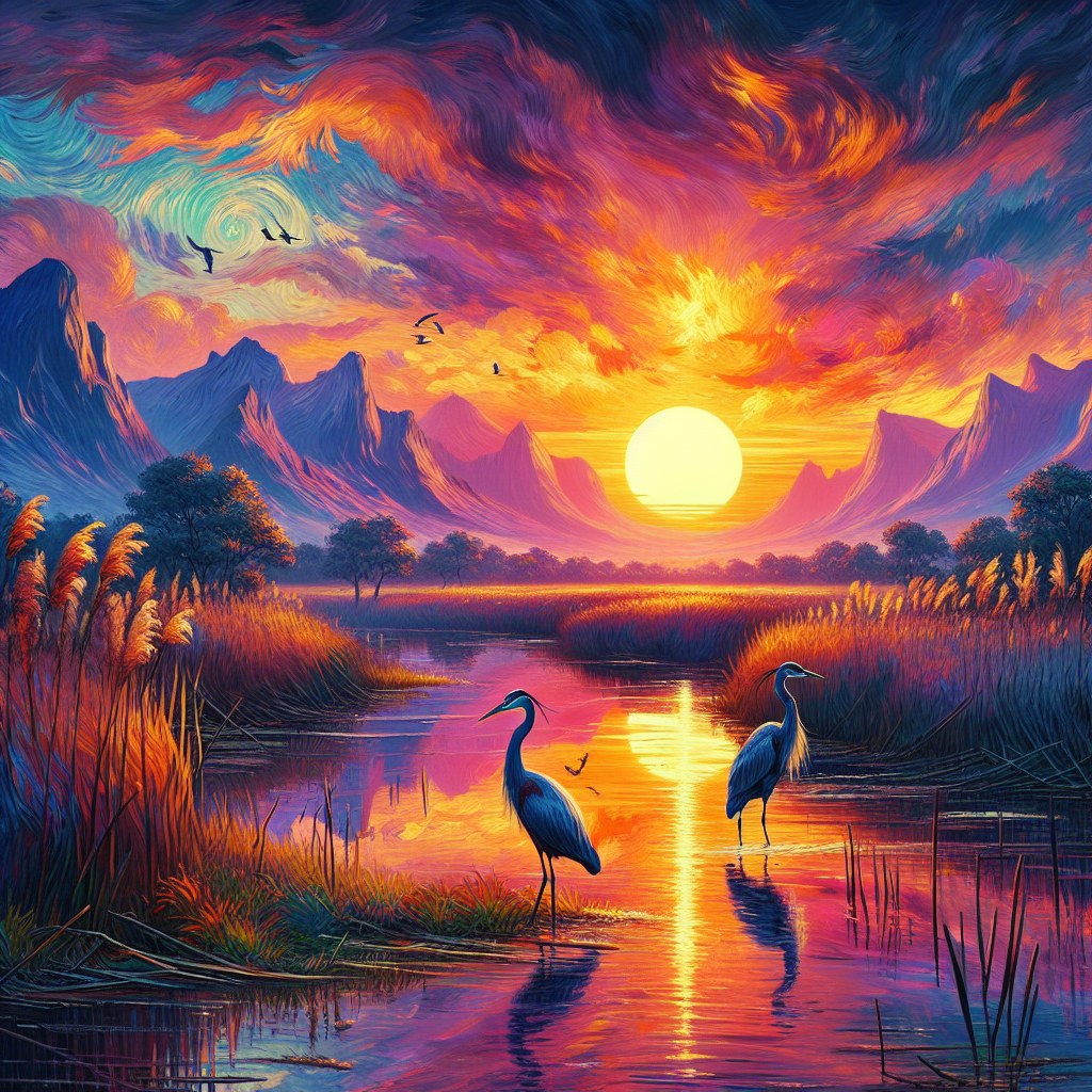 Herons in the Evening Marsh Valley