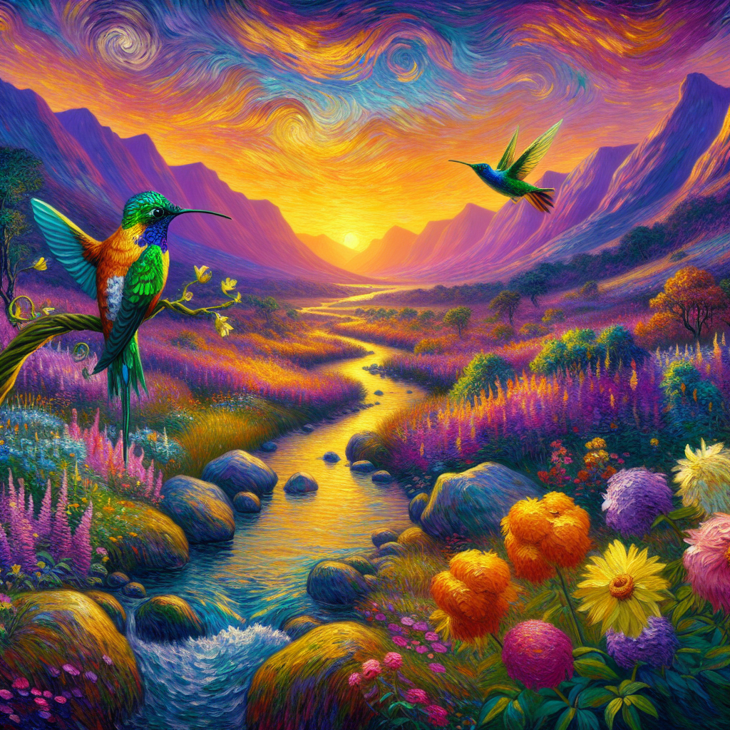 Hummingbirds and Wildflowers at Sunset