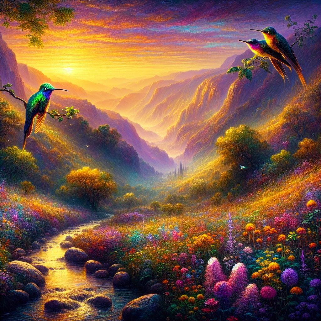 Hummingbirds and Wildflowers at Sunset