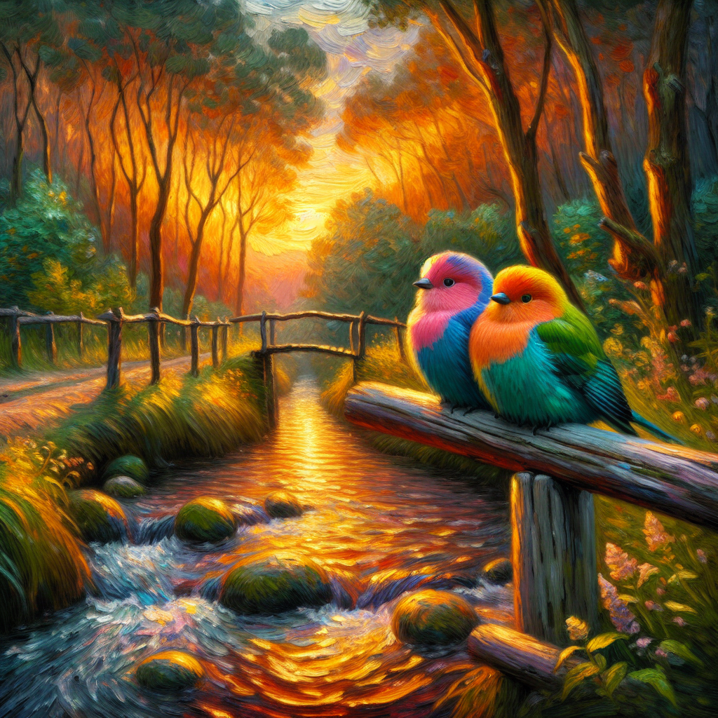 Lovebirds Beside a Rustic Creek Crossing Lovebirds Beside a Rustic Creek Crossing