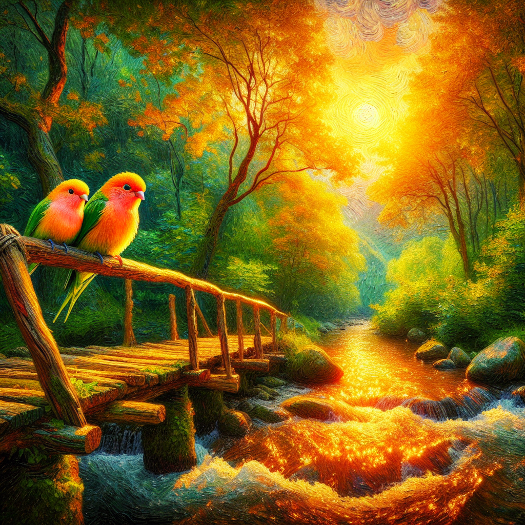 Lovebirds Beside a Rustic Creek Crossing Lovebirds Beside a Rustic Creek Crossing