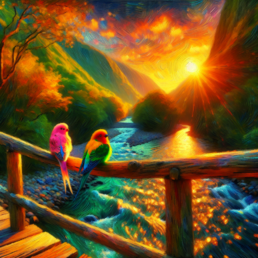 Lovebirds Beside a Rustic Creek Crossing Lovebirds Beside a Rustic Creek Crossing