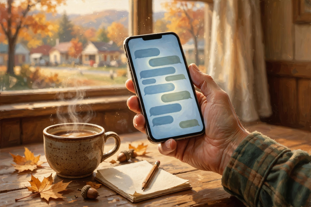 A hand holds a phone displaying a message conversation with a local business, the screen glowing softly against an autumn afternoon, with a coffee cup and a…
