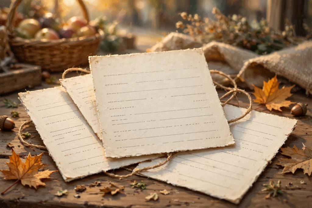 A close-up view of handwritten or printed definition cards laid flat on a wooden table, each card displaying a single term and its explanation in clear…