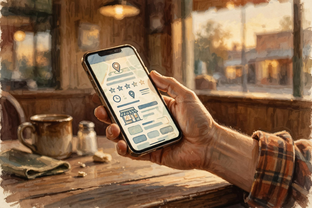 A close-up of a smartphone screen displaying a local business's Facebook page or website, with someone's hand holding the phone while seated at a table or…