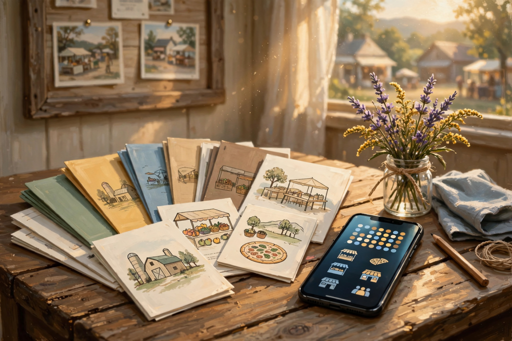 A wooden table or bulletin board displays printed resource materials and local guides fanned out in natural light, with a smartphone nearby showing a local…
