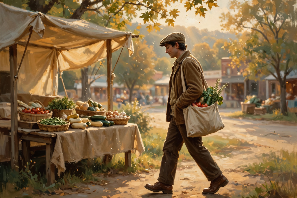 A person walks through a Saturday farmers market in Dunlap, carrying a cloth bag with fresh produce from a single vendor booth, sunlight filtering through the…