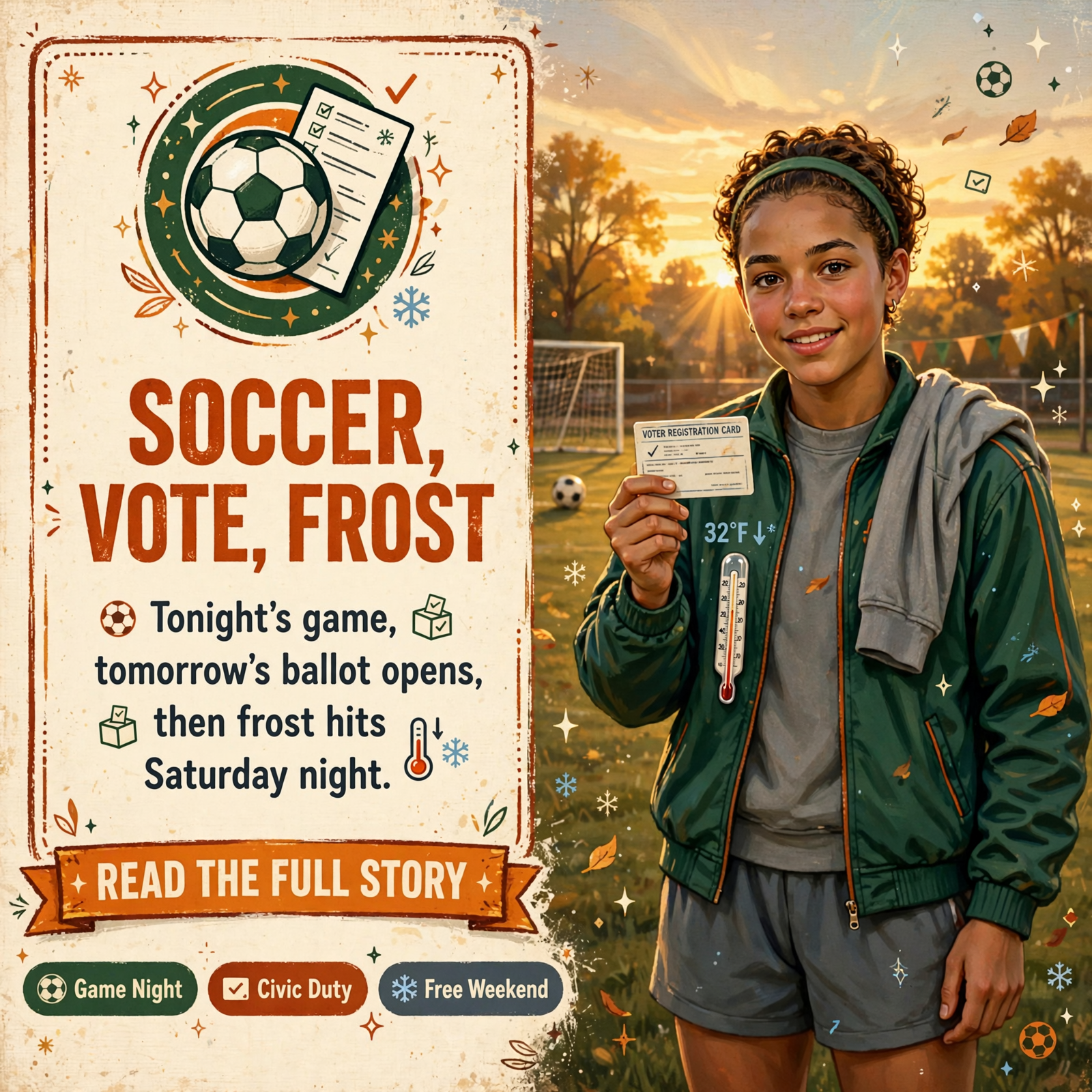 Featured image for "⚡ Soccer Tonight at 7, Vote Tomorrow Without the College ID, Then Heat, Frost and a Free Saturday"